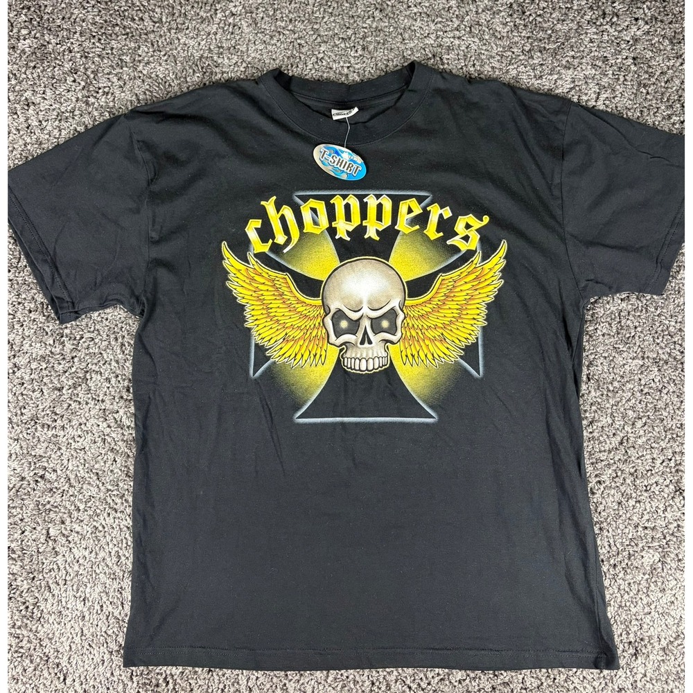 Vintage Choppers Biker T-Shirt Mens XL Black Winged Skull Y2K 2005 Graphic Tee